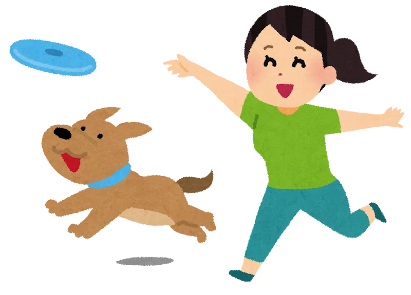女性が犬とフリスビーで遊んでいるイラスト