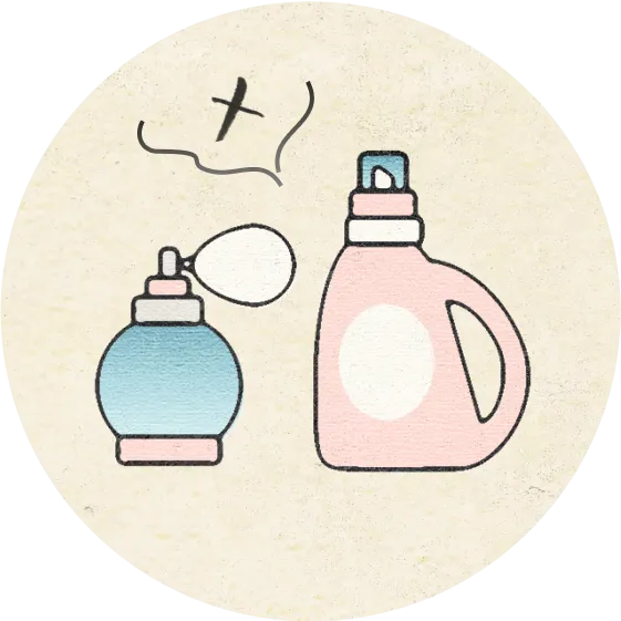 An illustration of a perfume bottle and a detergent container. Lines indicating scent and a cross mark are shown coming from both the perfume and the detergent.