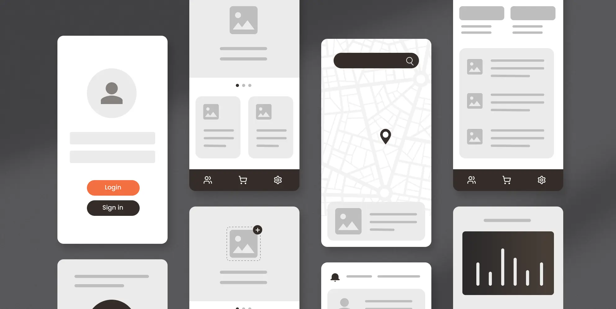 ワイヤーフレームに関連した、アプリケーションUIを模した図