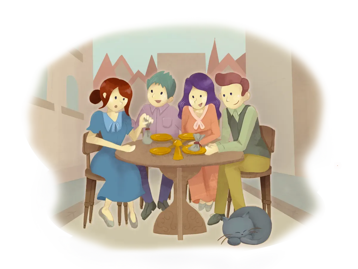 グラマのストーリーのイメージイラスト。近代ヨーロッパ的な背景の中で、4人の男女がグラマを遊んでいる様子の可愛らしいイラスト。