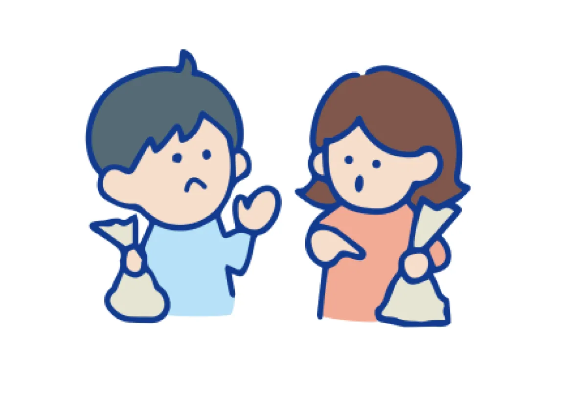 2人のプレイヤーが、互いの巾着袋の重さを伝えあっている様子のイラスト