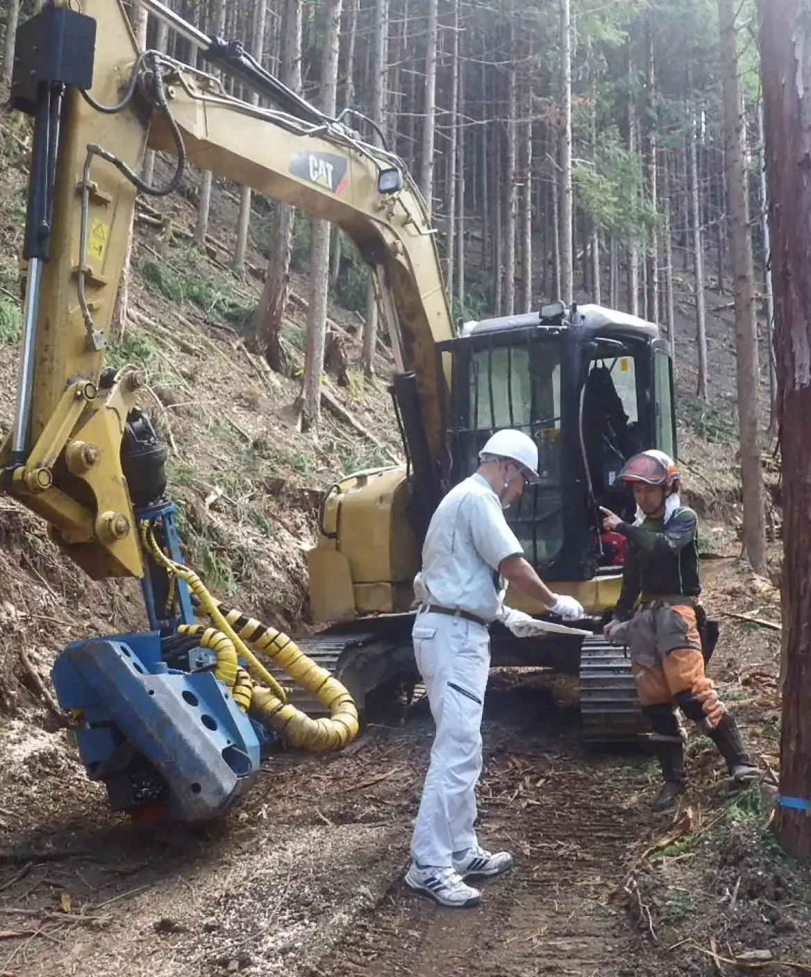 事務職員と現場作業員が、山中のハーベスタという重機の前で作業について相談している様子