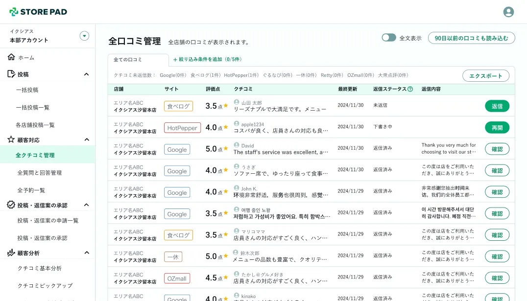 口コミ管理画面のキャプチャー