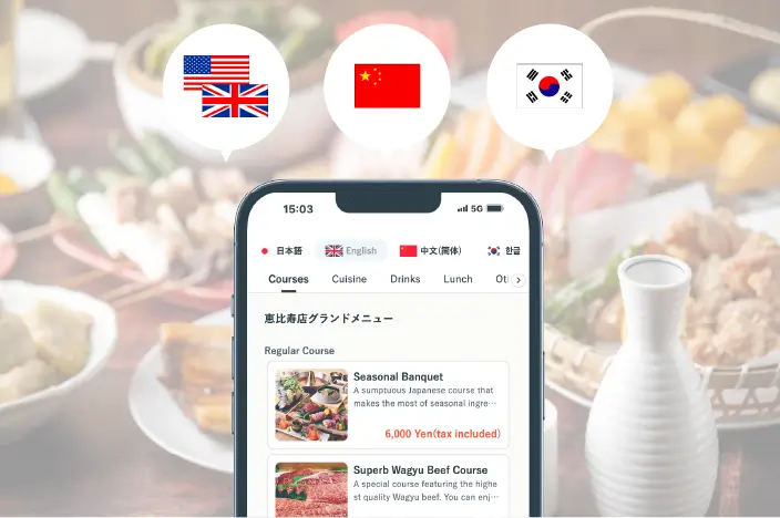 英語・中国語・韓国語など多言語に翻訳されたメニューを、スマートフォンで確認する訪日外国人客のイメージ