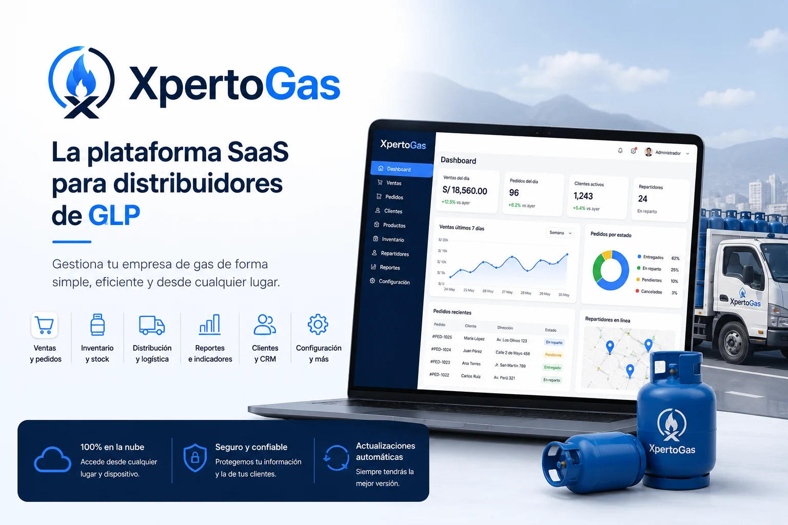 XpertoGas: tablero con ventas del dia, pedidos, repartos y clientes en laptop, junto a la aplicacion movil del repartidor