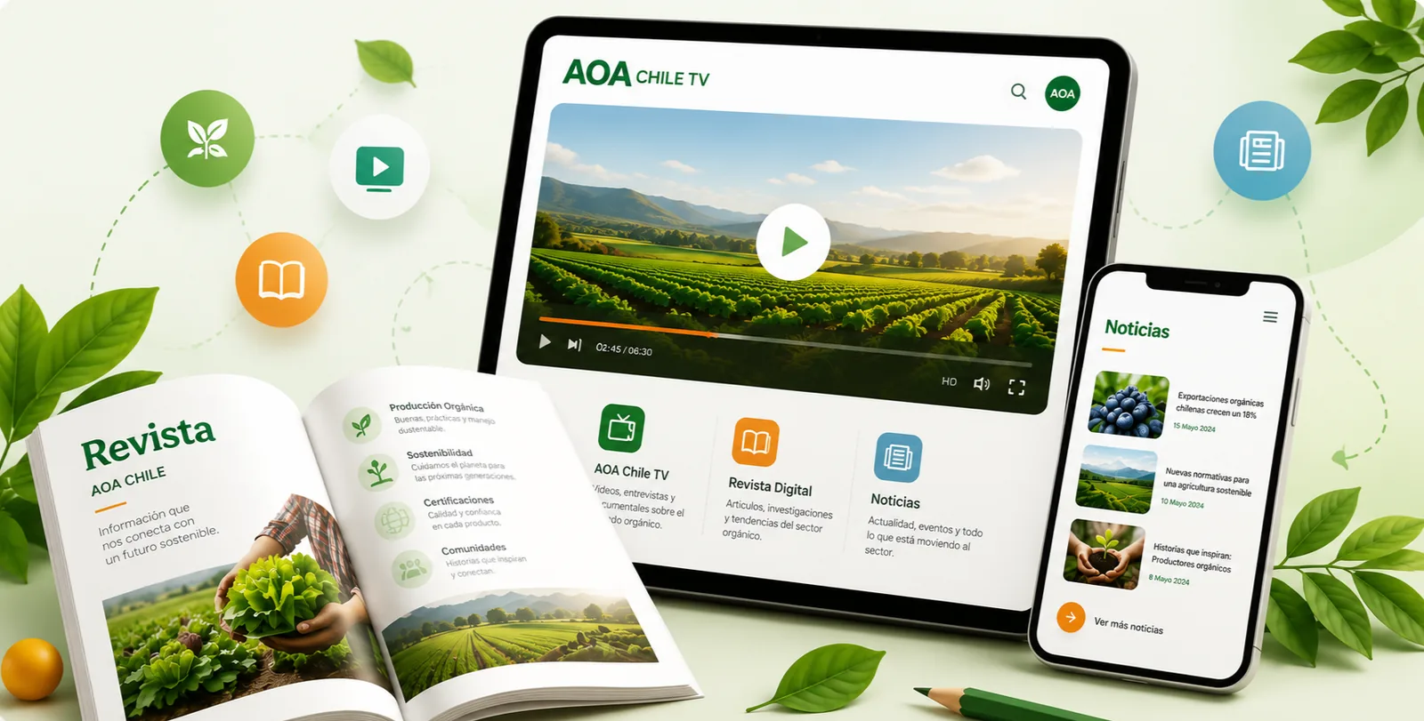 AOA Chile TV en tablet, la Revista Digital impresa y las Noticias en móvil