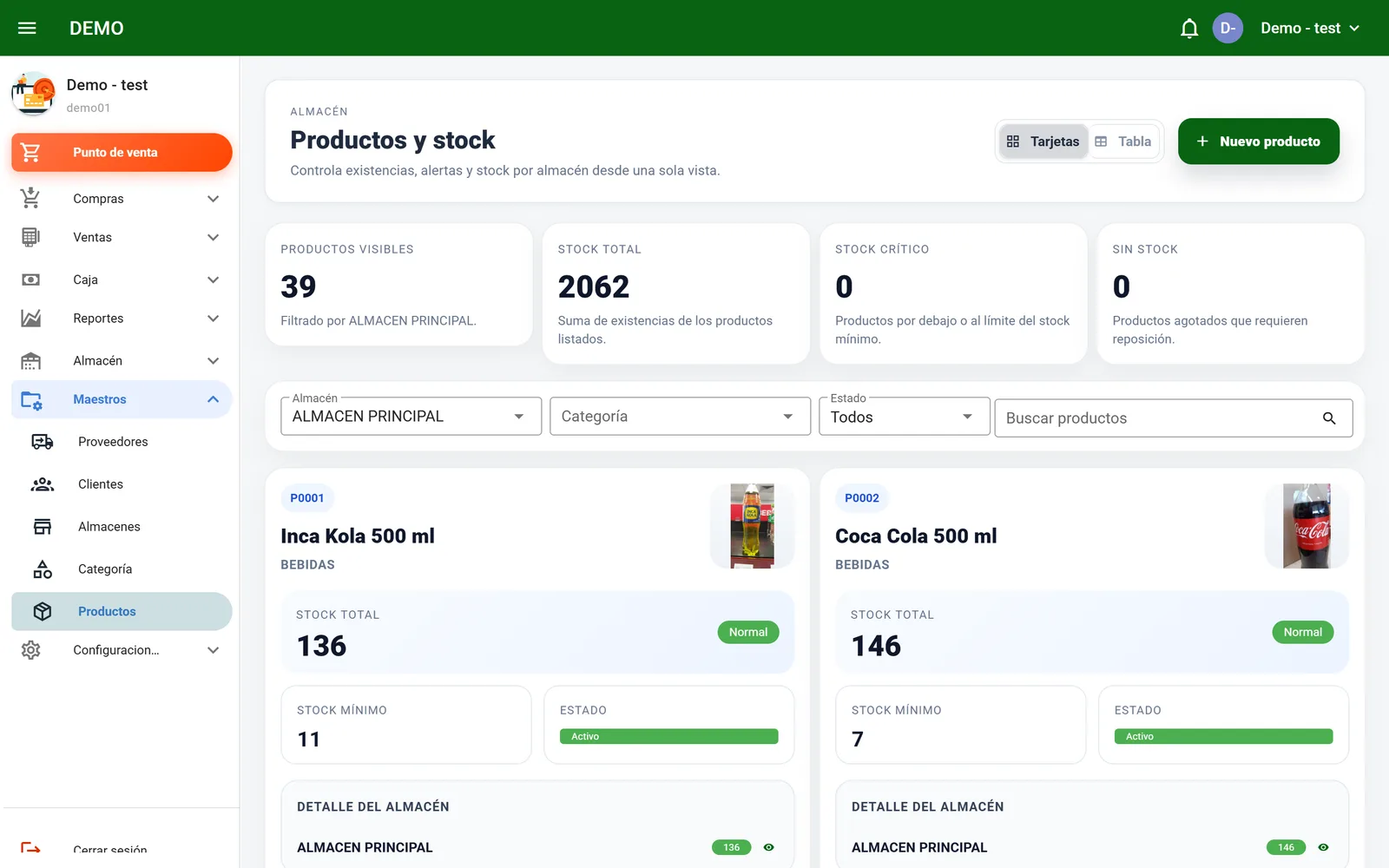 Pantalla de productos y stock por almacen