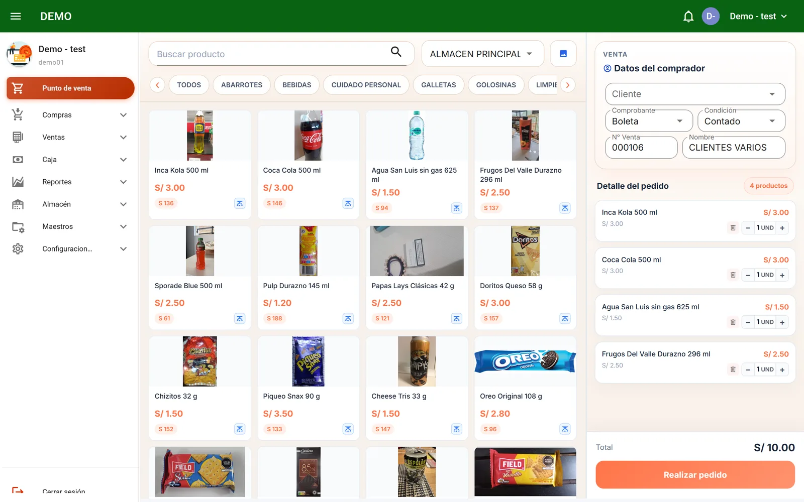 Pantalla de punto de venta de PuntoXperto con productos, stock y carrito de venta