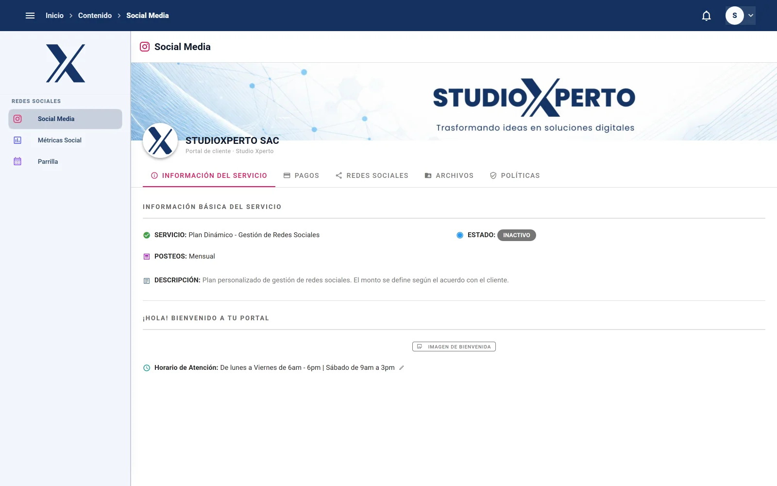 Portal del cliente con la información del servicio, pagos y archivos