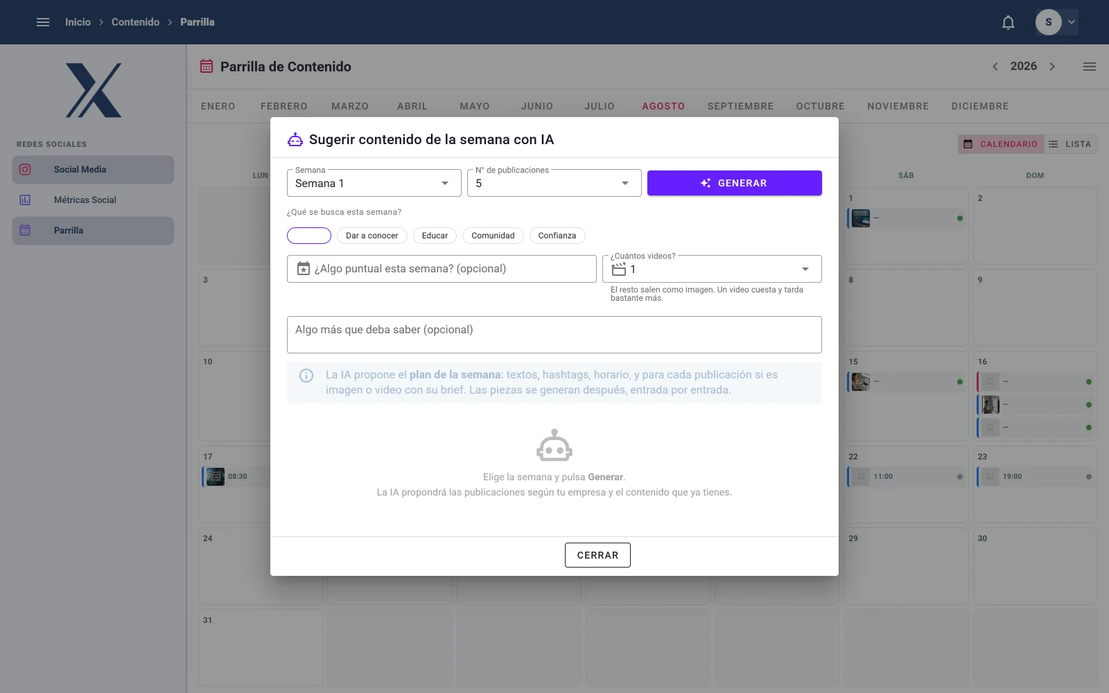 Cuadro para sugerir el contenido de la semana con IA