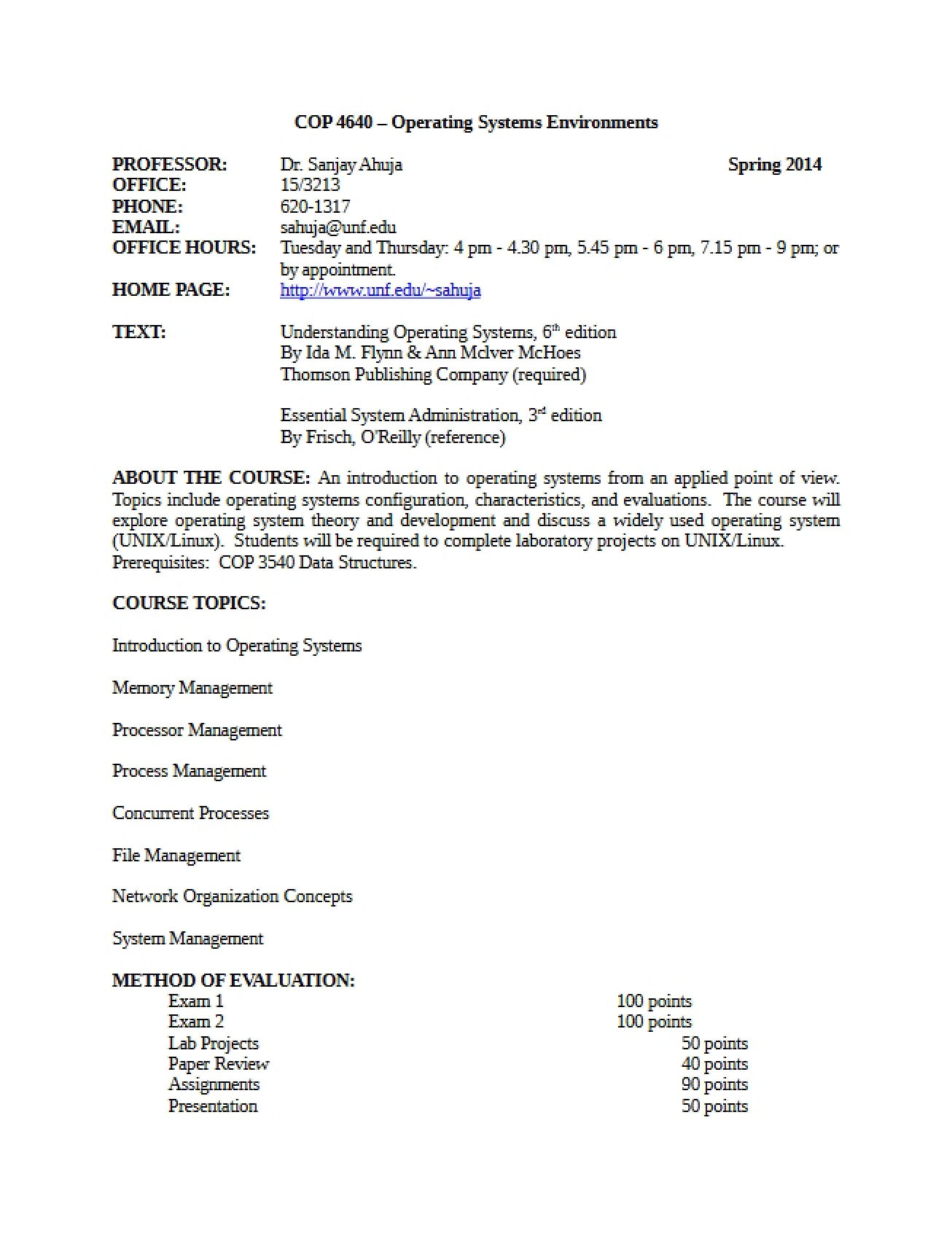 Operating Systems Course Outline