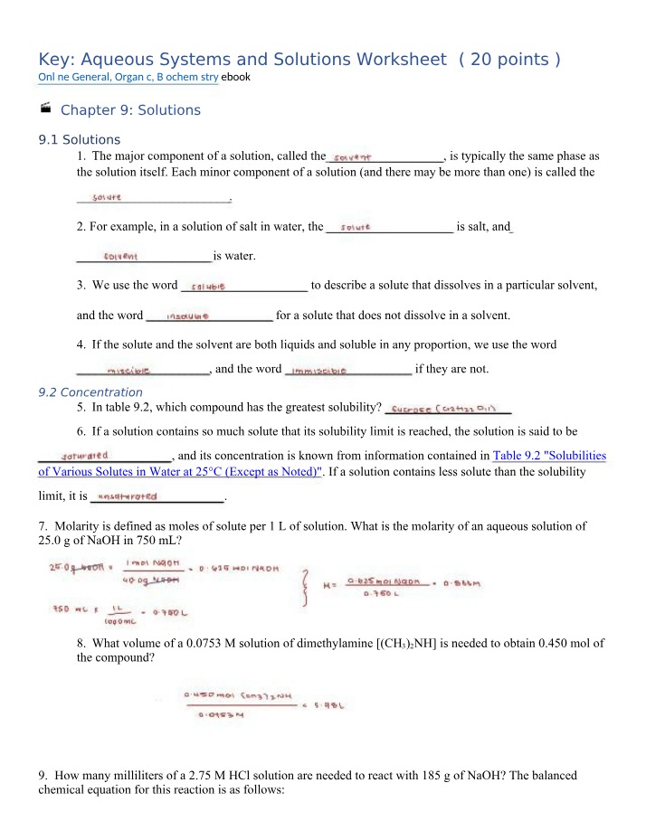 Worksheet on Aqueous Systems and Solutions