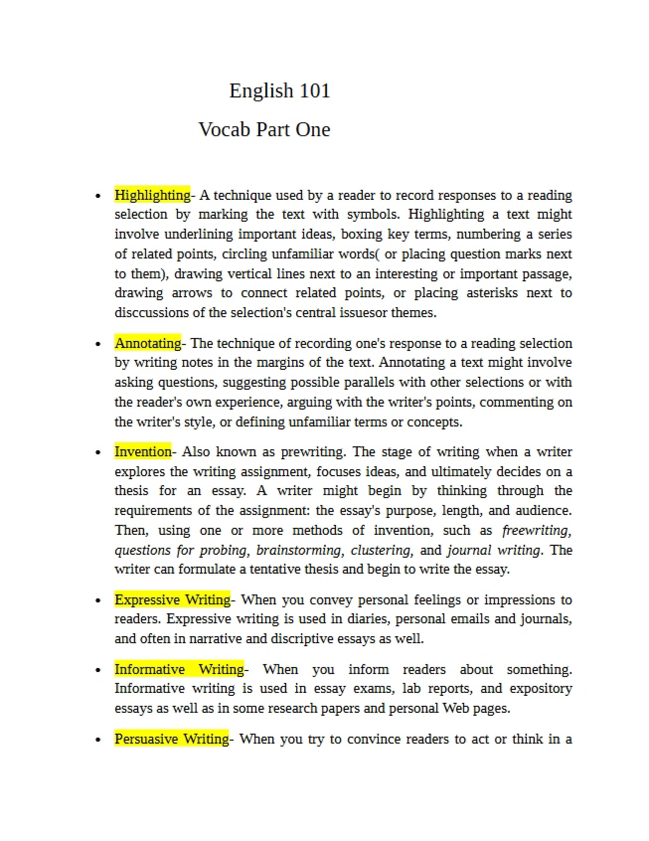 Vocabulary for Part One of English Composition