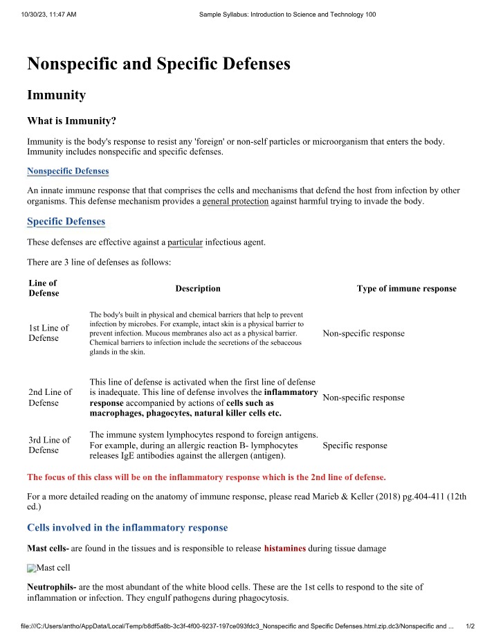 Immunity - Nonspecific and Specific Defenses