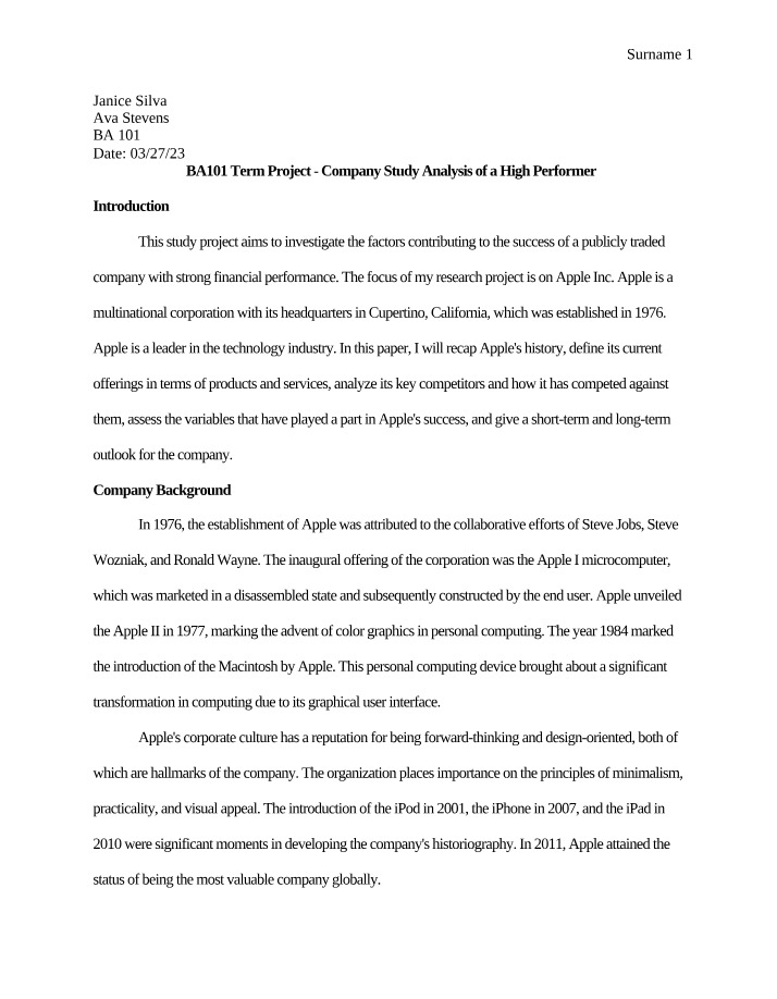 Analysis of a Company Study