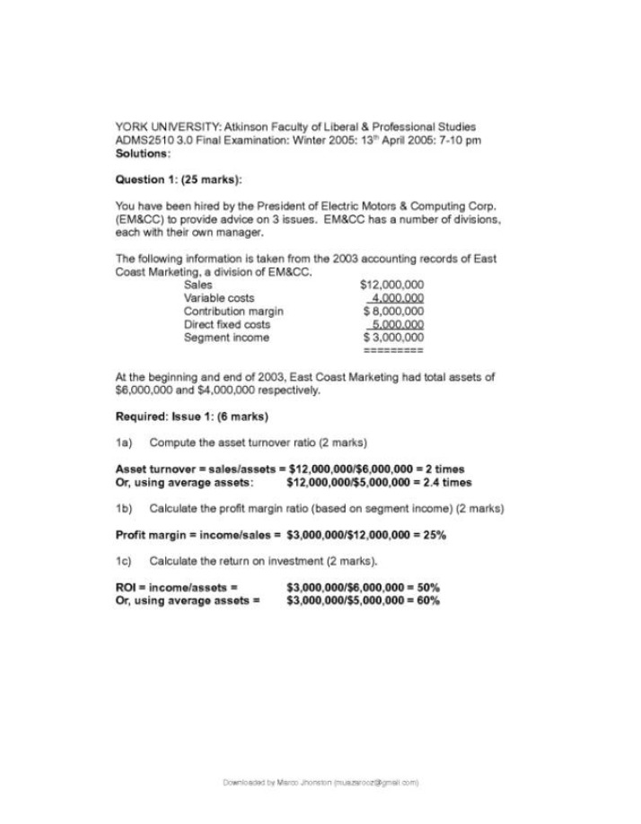 Winter 2005 Final Examination Solutions - ADMS2510 3.0