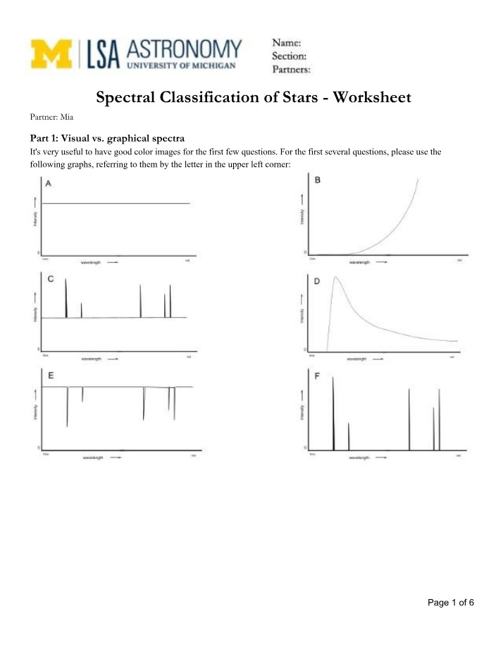 Worksheet on Spectral Classification of Stars