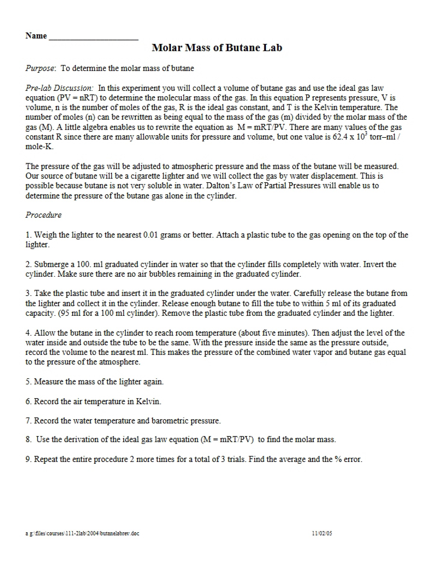 Lab Butane Molar Mass