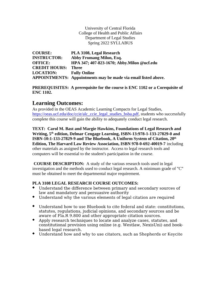 Syllabus for PLA 3108 Legal Research - Spring 2022