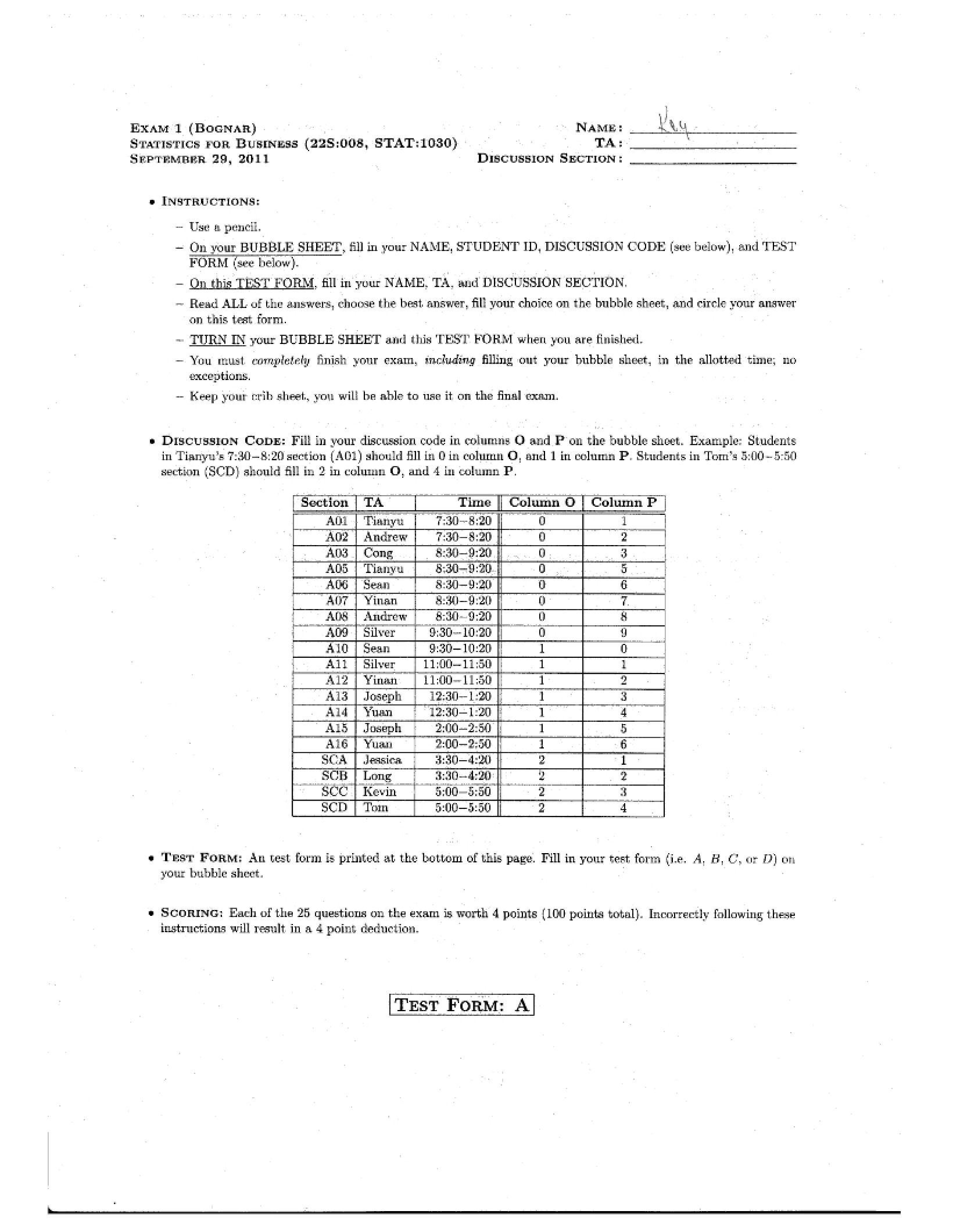Key for Exam 1