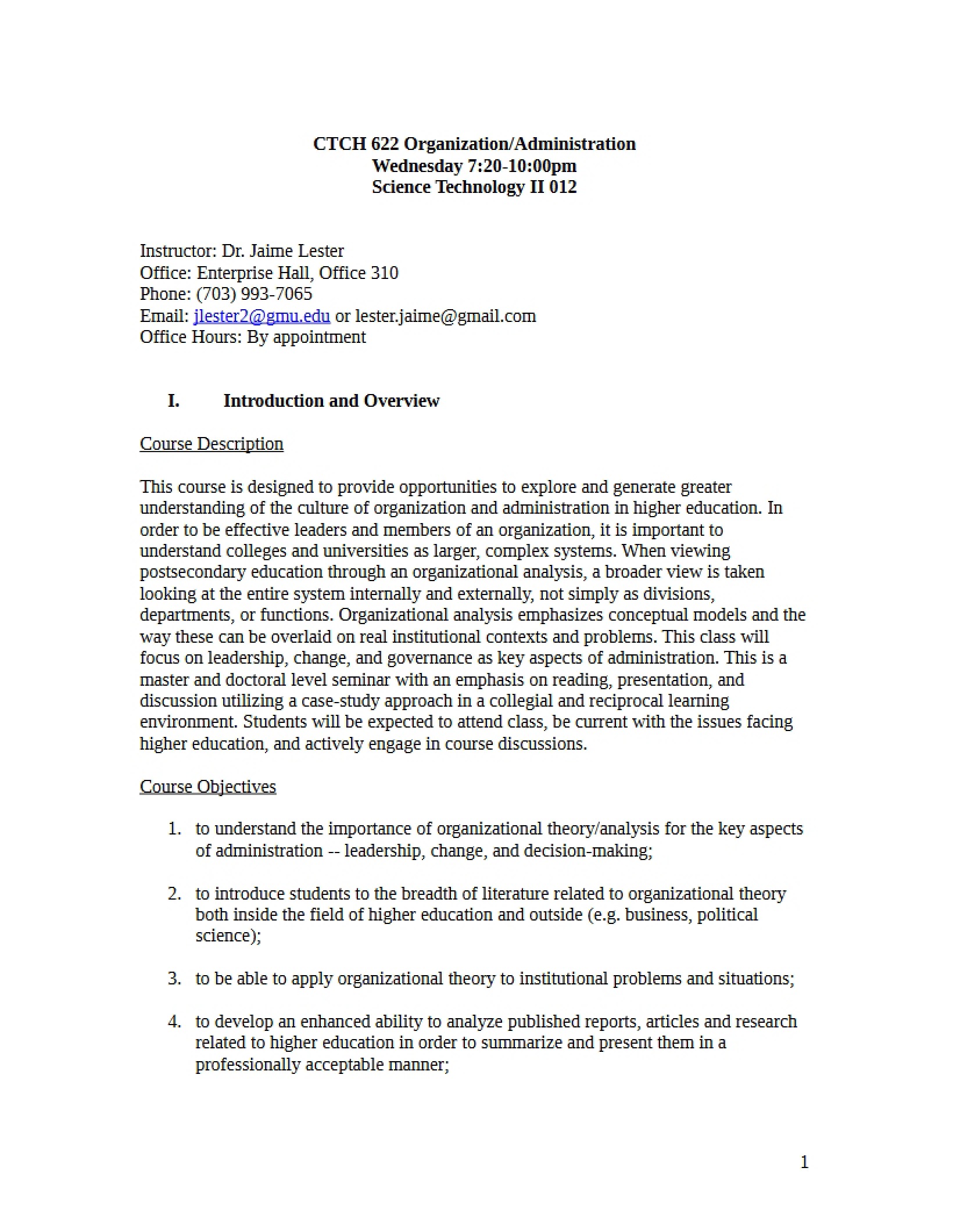 Organization of Higher Ed Syllabus