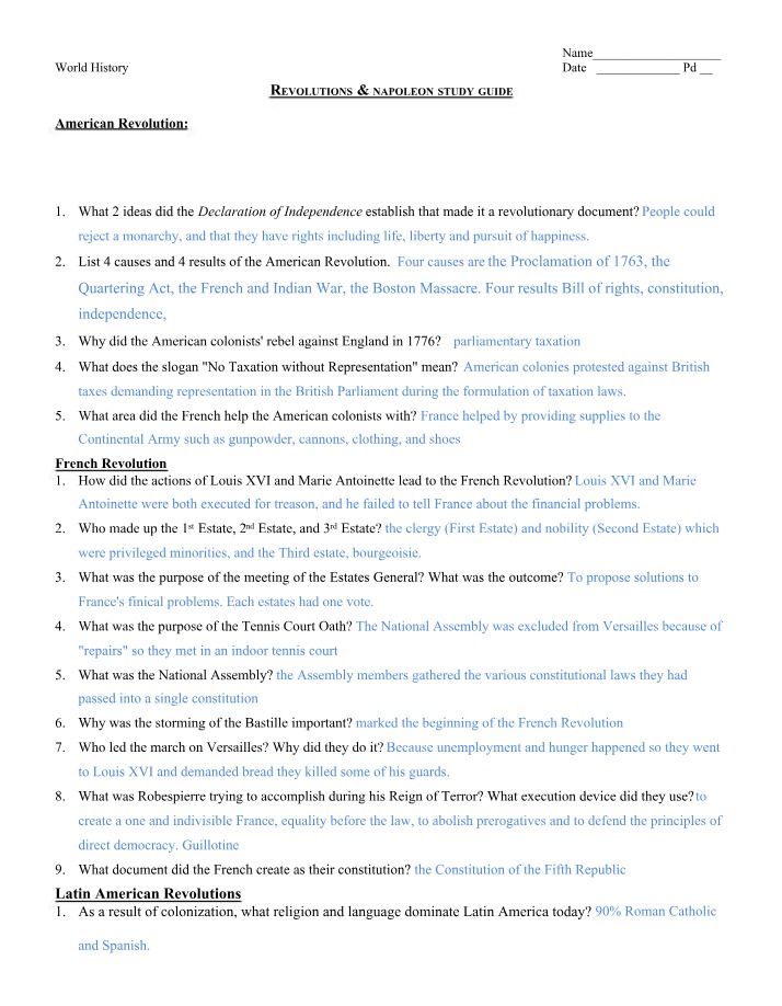 Study Guide - Revolutions and Napoleon