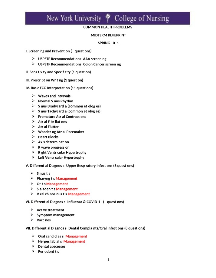 Common Health Problems - Spring 2021 Midterm Blueprint