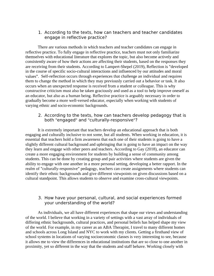 Engaging in Reflective Practice - Methods and Pedagogy for Teachers