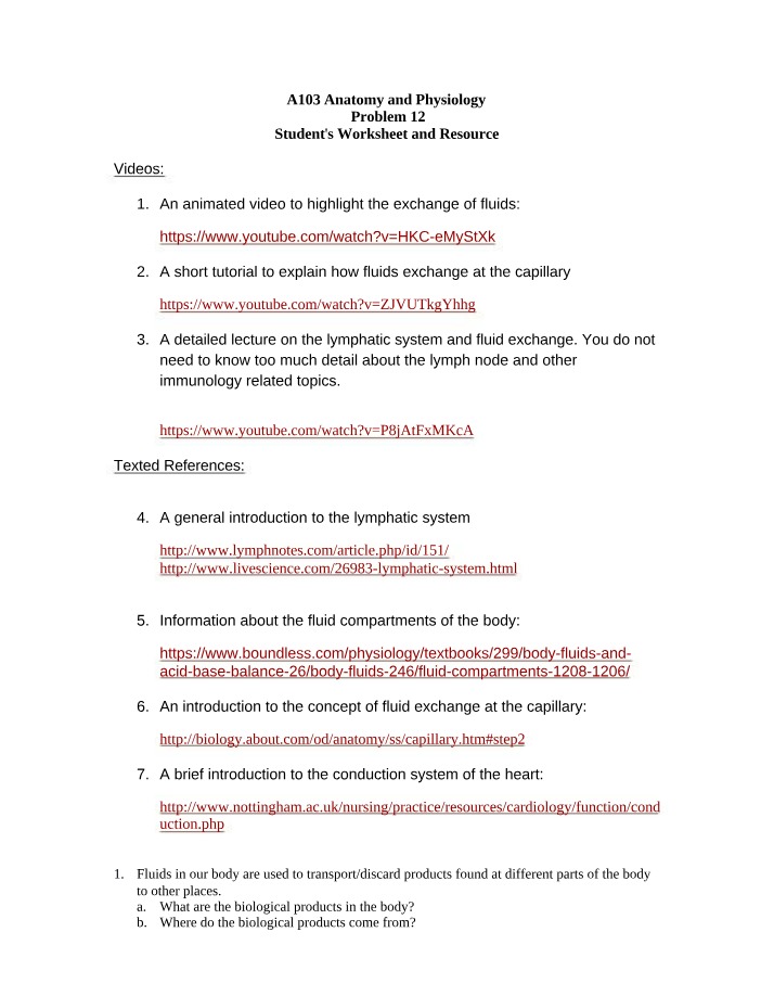 Worksheet on Fluid Exchange
