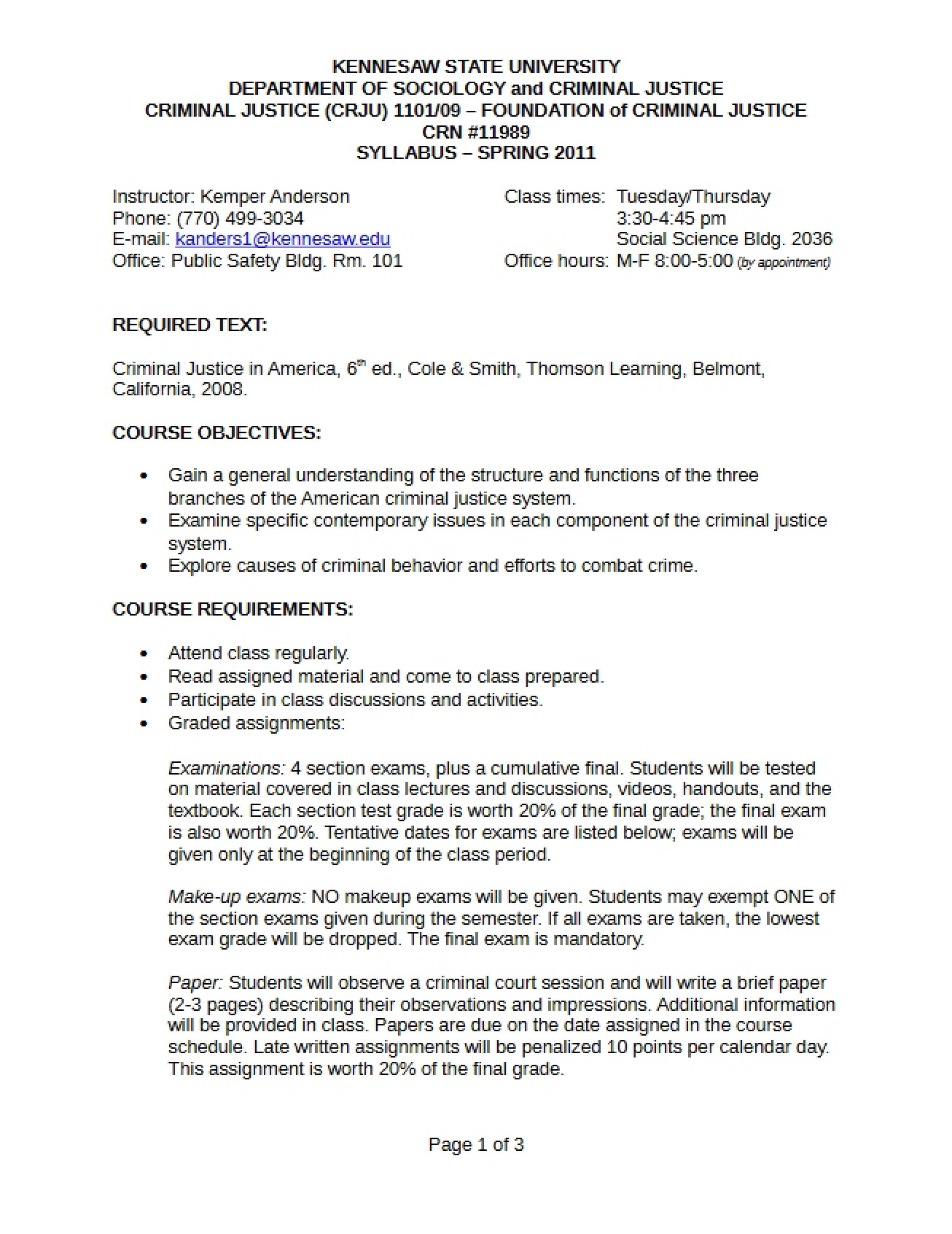 General Syllabus for a Foundations of Criminal Justice Course
