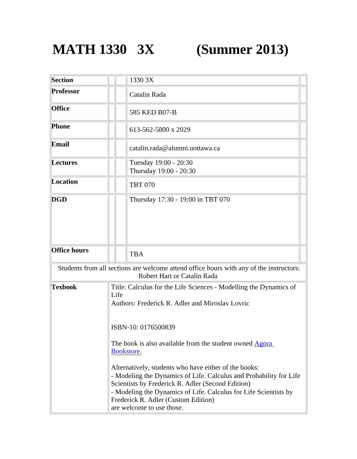 Outline for MATH 1330 3X
