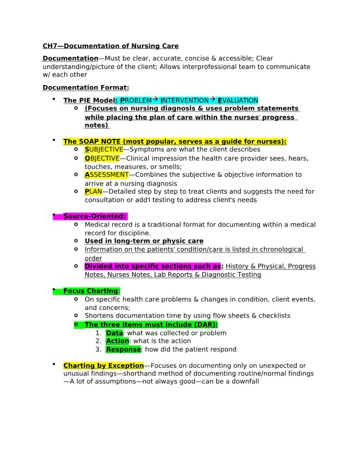 Nursing Care Documentation