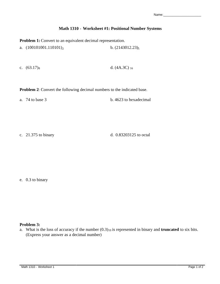 Worksheet 1 for MATH1310