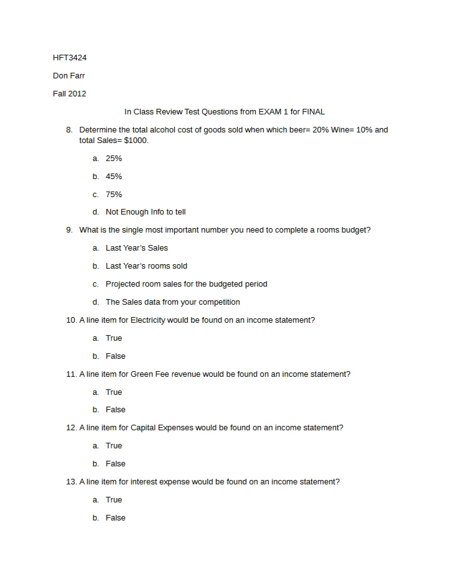 Practice Questions for In-Class Review