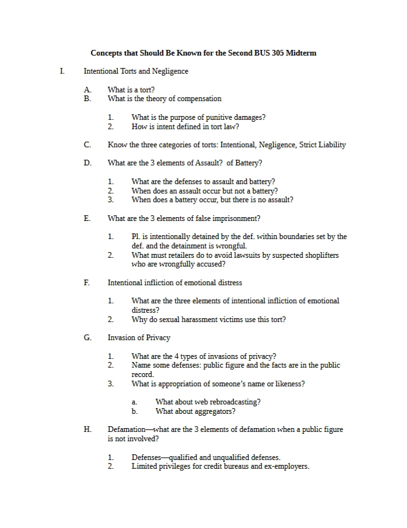 Midterm 2 Concepts Business Law