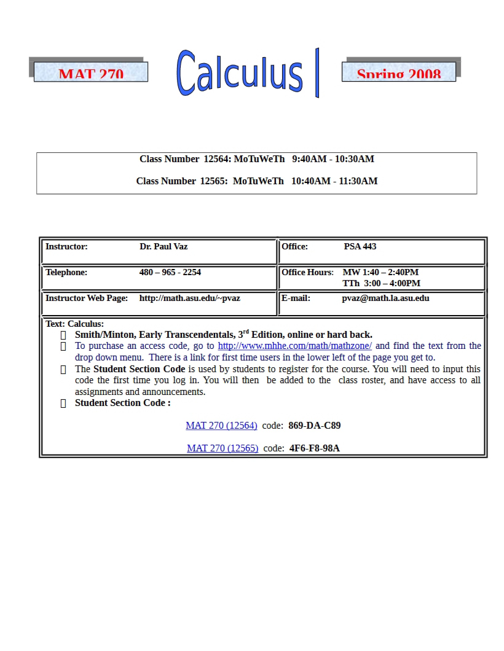 Class Syllabus Calculus I