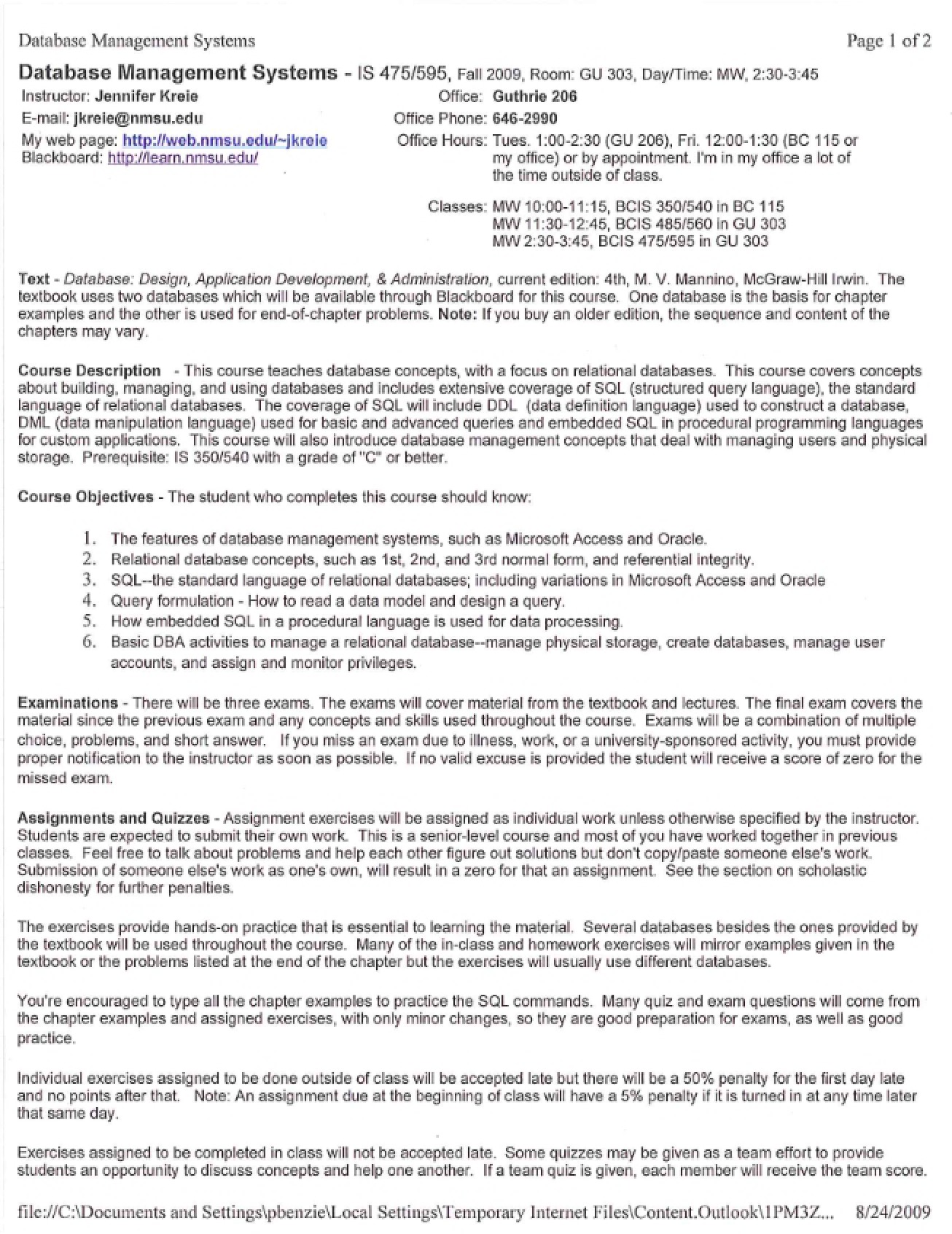 Syllabus for a Course in Database Management Systems