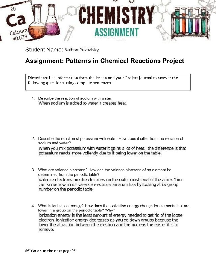 Project on Patterns in Chemical Reactions
