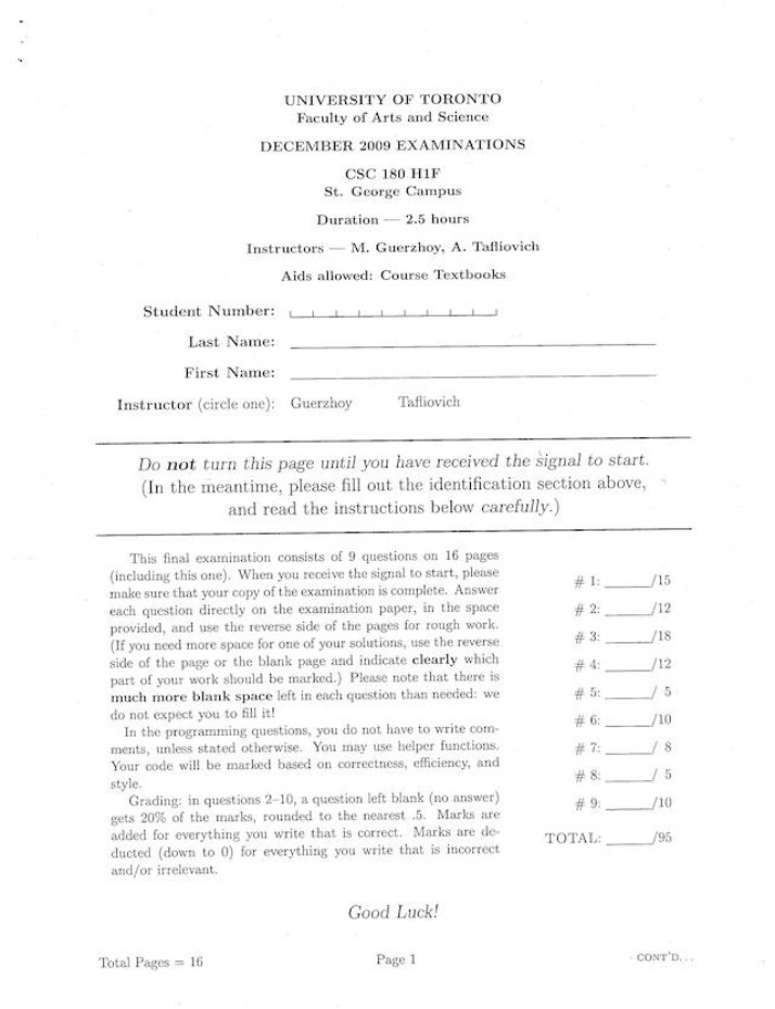 Final Examination for CSC 180H1 F - December 2009