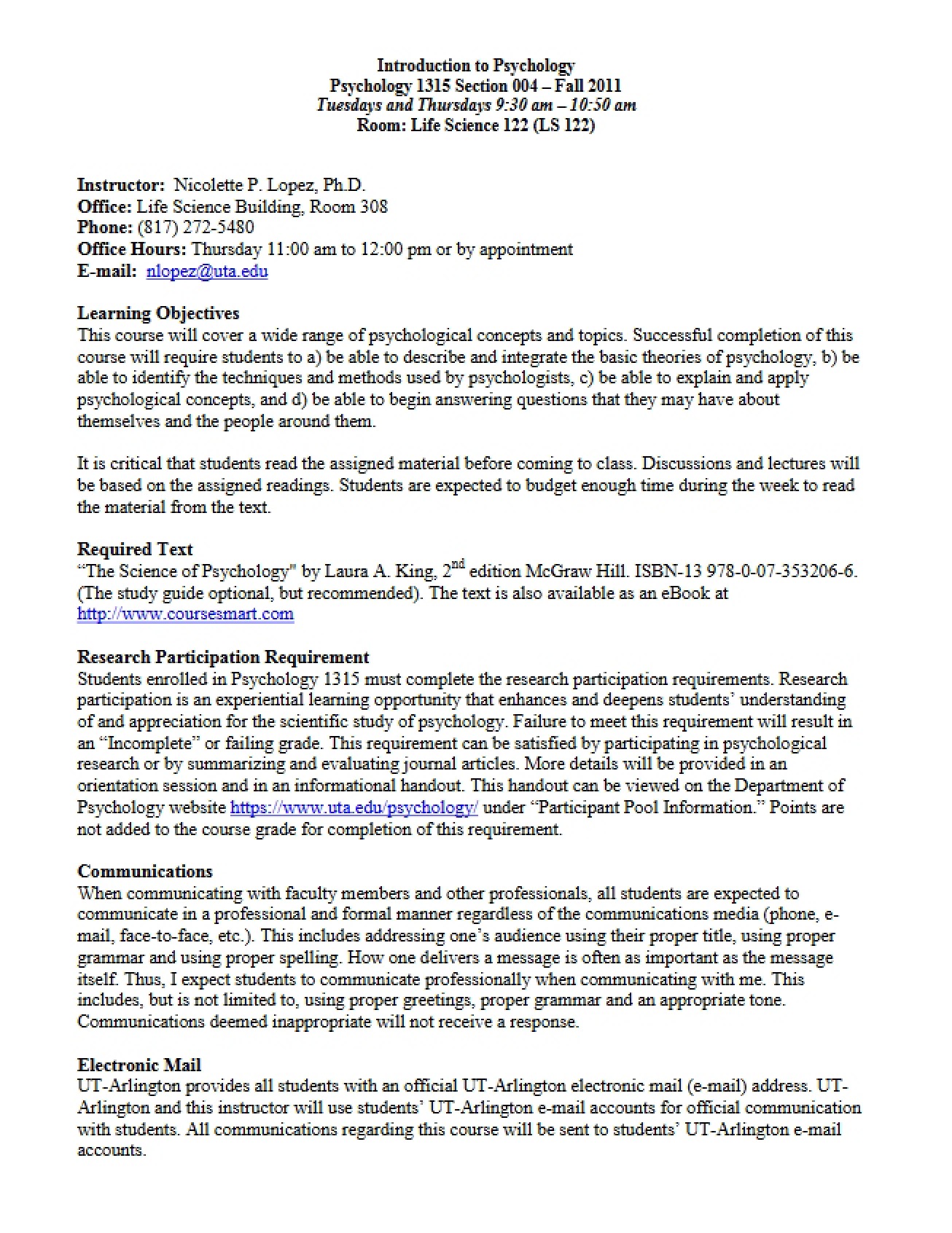 Psychology Introduction Class Syllabus