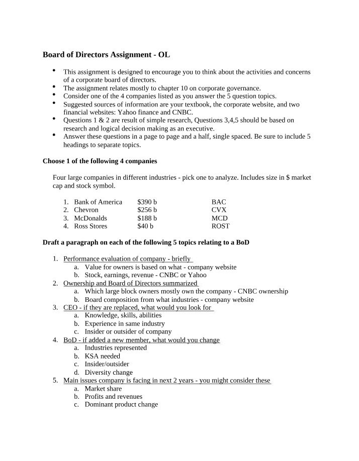 Board of Directors - Assignment