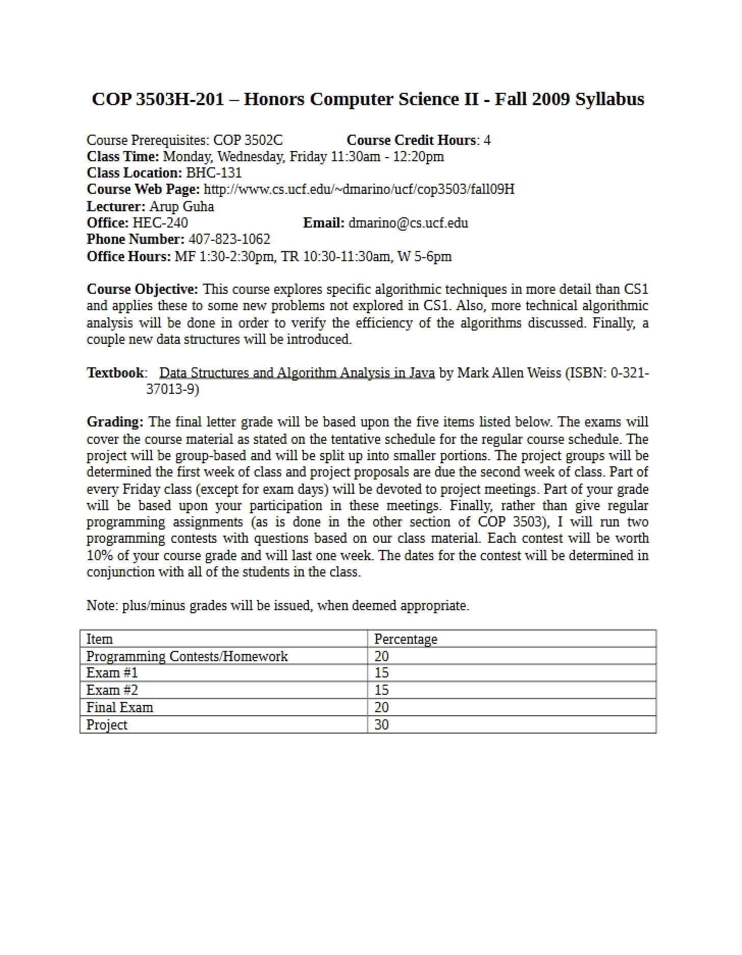Syllabus for COP 3503H