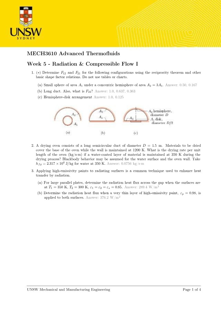 Radiation and Compressible Flow I - MECH3610 Week 5