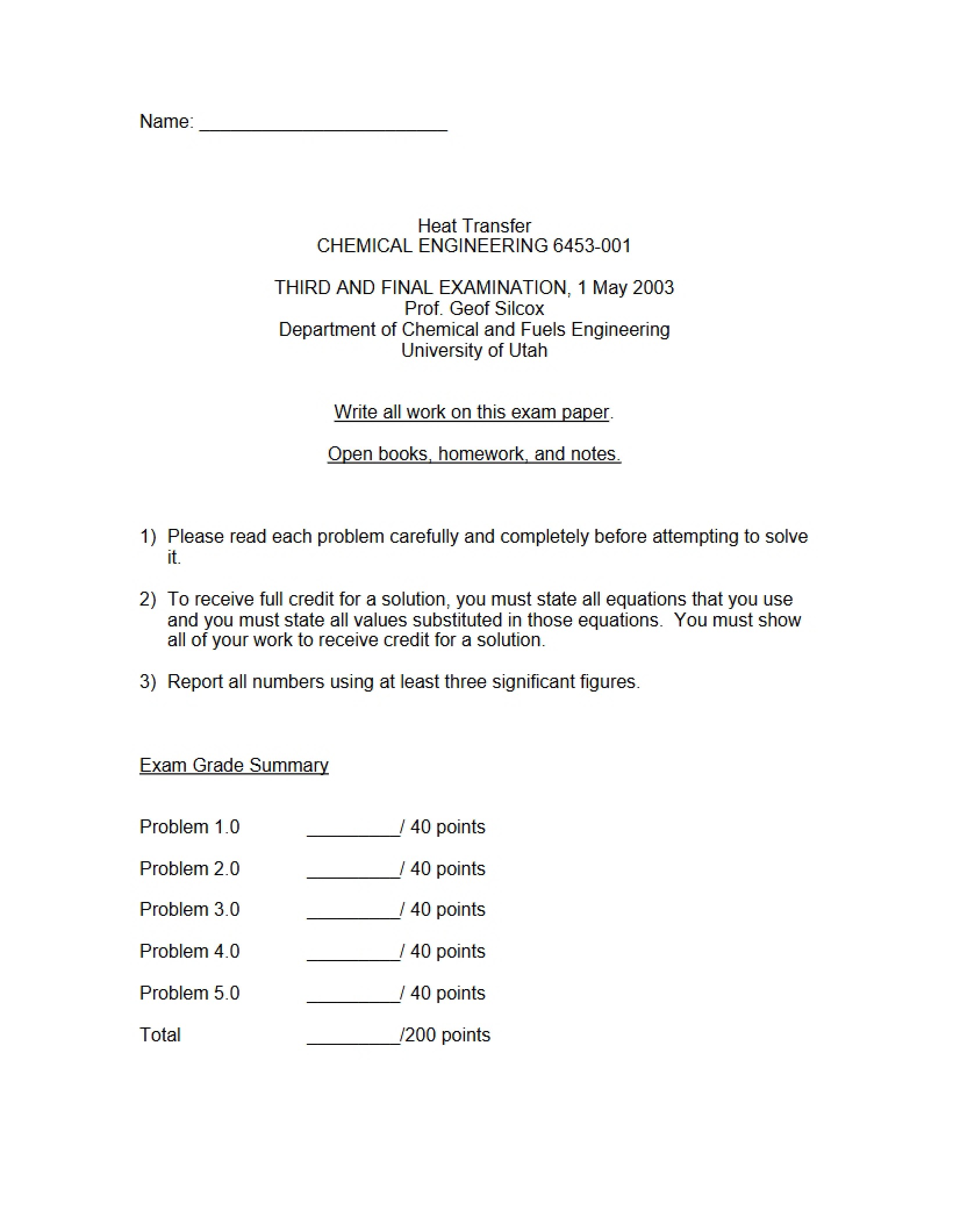 Final Examination Heat Transfer