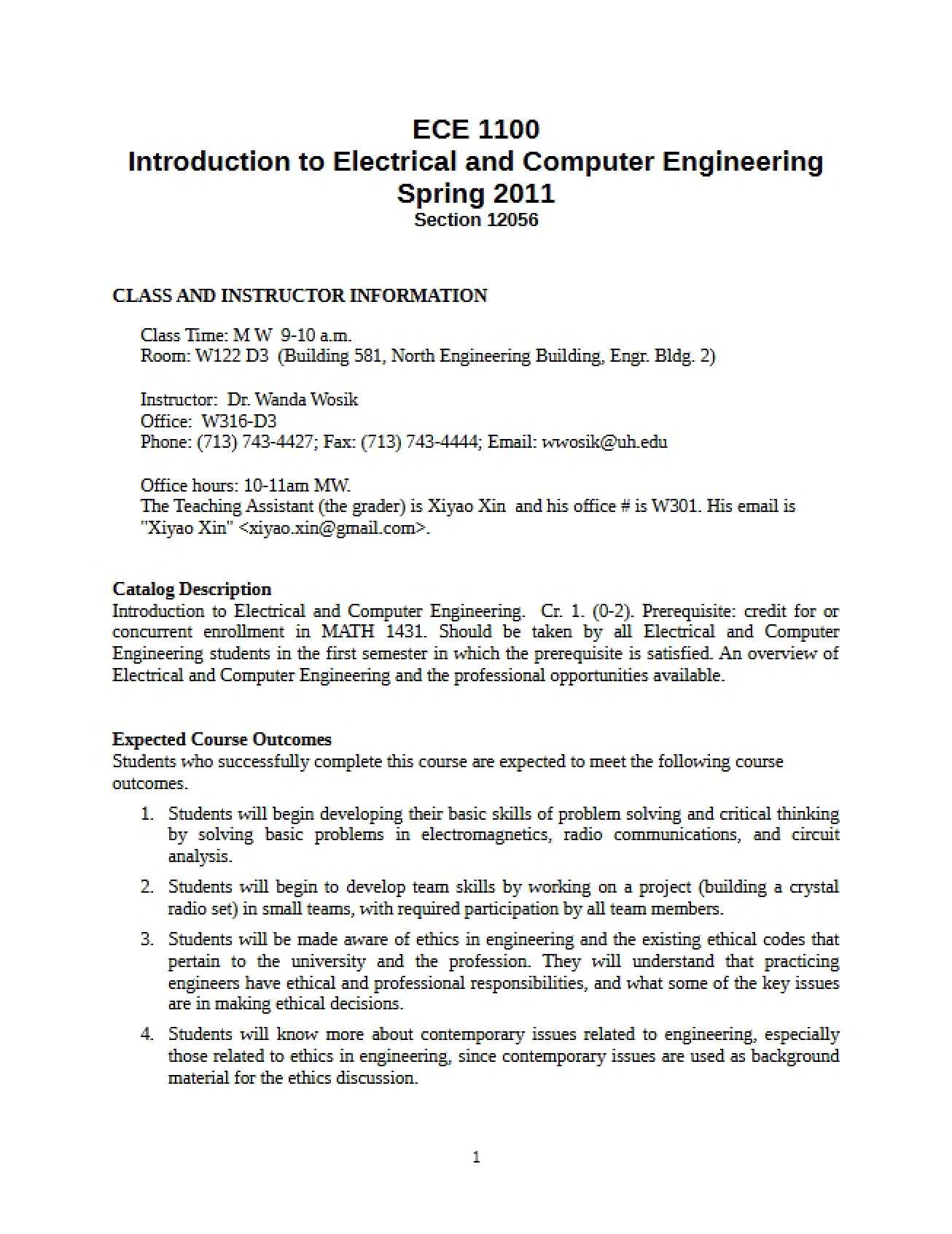 ECE 1100 Course Syllabus