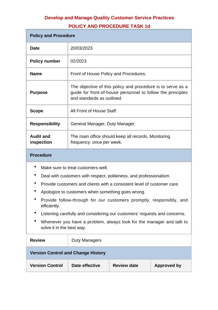 Front-of-House Customer Service - Effective Practices