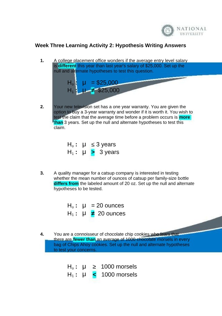 Hypothesis Writing Answers - Week Three Learning Activity 2
