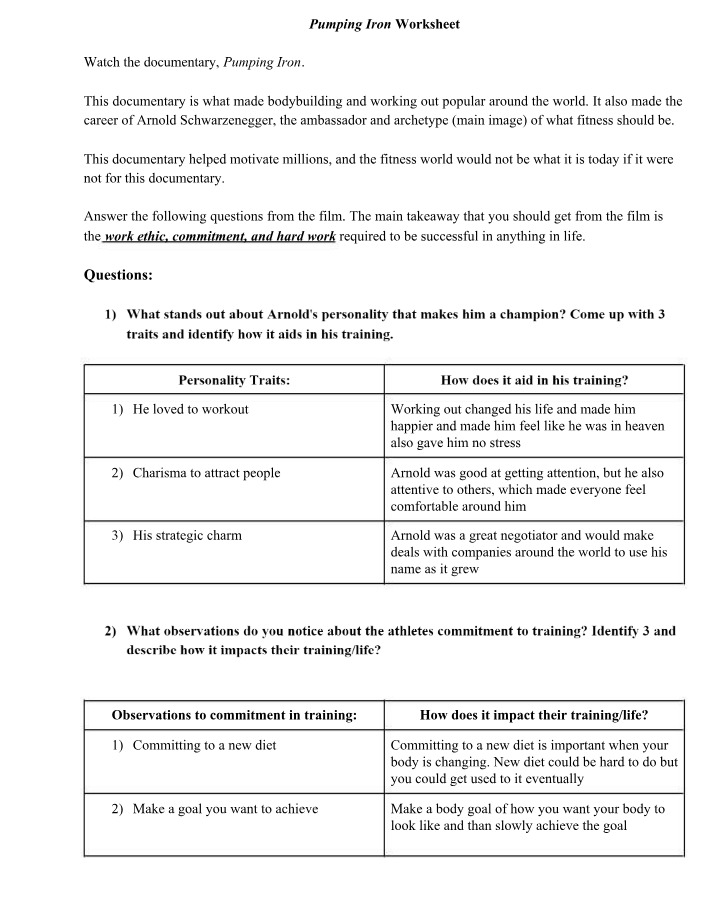 Worksheet for Pumping Iron