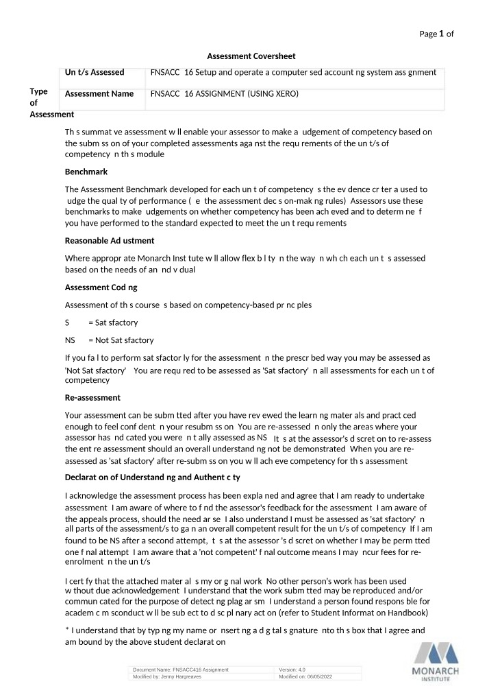 FNSACC416 Computerised Accounting Assignment B