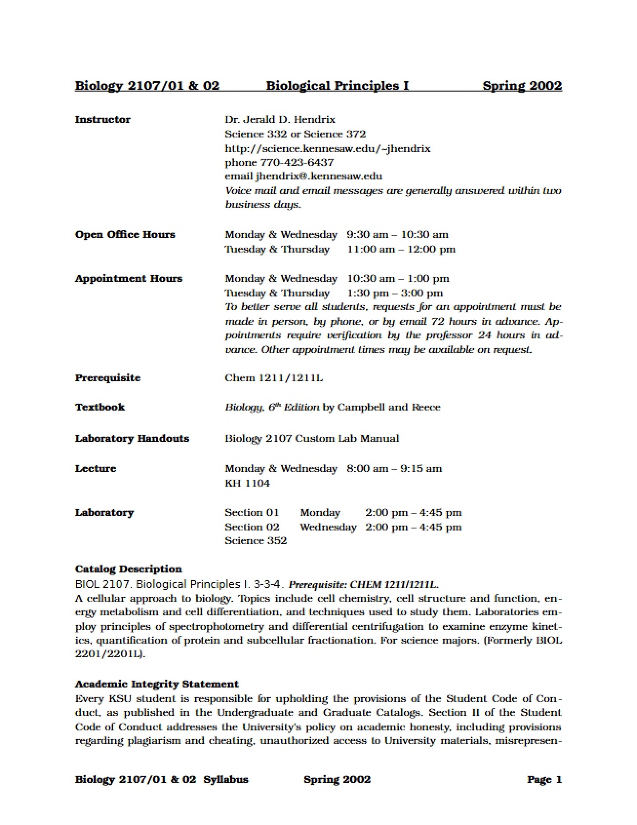 Syllabus for a Course on Biological Principles I